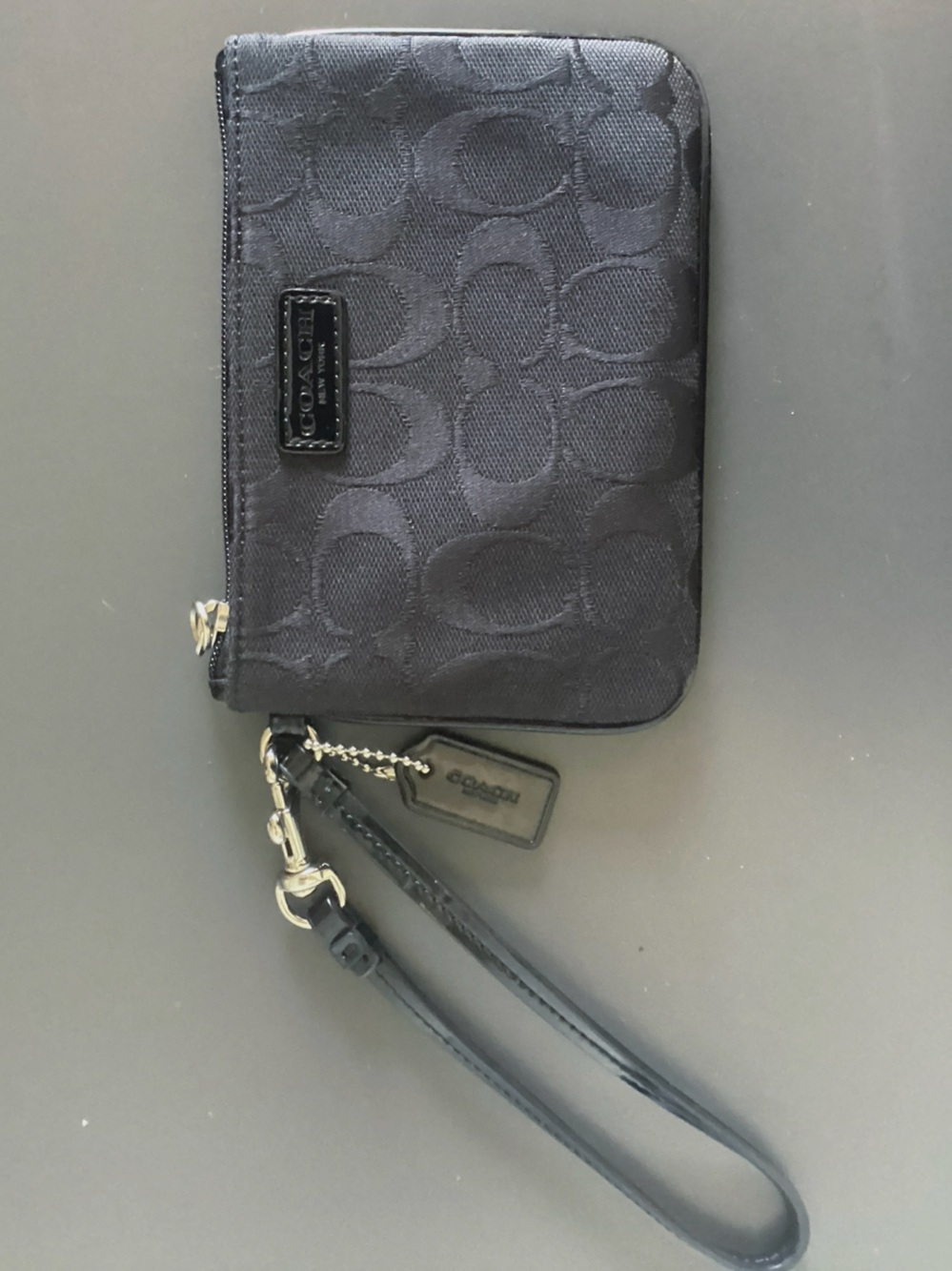 Coach Signature Denim Zip Wristlet — Grey Black, Silver Hardwear